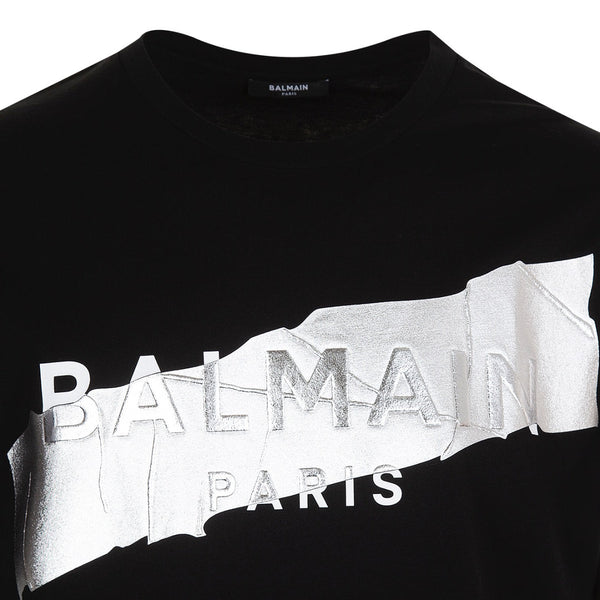 BALMAIN FOIL TAPE TEE NOIR, BLANC & ARGENT