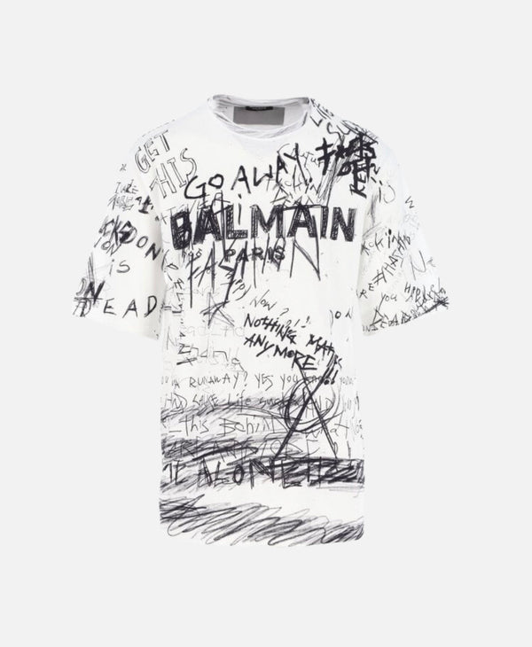 BALMAIN White Scribble Print T-Shirt